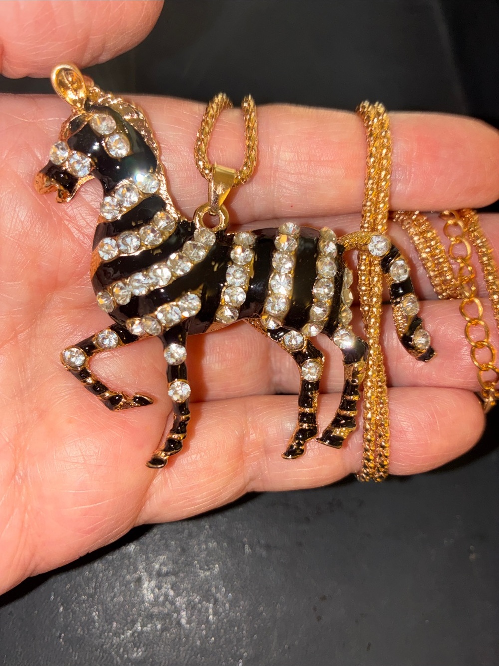 Gold Zebra Pendant Necklace with Black Enamel and Clear Crystals